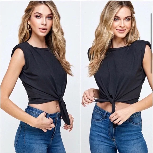 Ultra soft black front tie crop top - Picture 2 of 3